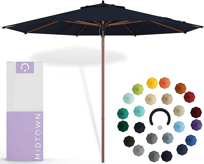 Midtown Umbrellas The Wooden 8 Feet Patio Umbrella With Sunbrella Canvas Navy Acrylic Fabric - Aluminum Frame Market Umbrella For Backyard, Deck, Garden, Pool - Wooden Pole