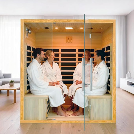 Homsido 3-4 Person Sauna, Hemlock Wooden Indoor Far Infrared Home Sauna Room 11 Low EMF Infrared Carbon Panels with Tempered Glass Door,Bluetooth Speakers 7 Chromotherapy Lights（220V, 2880W）