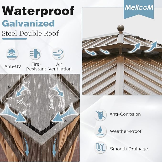 MELLCOM 12'x16' Hardtop Gazebo, Galvanized Steel Double Roof Canopy with Aluminum Frame, Permanent Metal Pavilion Gazebos with Netting and Curtains for Patio, Gardens and Lawns