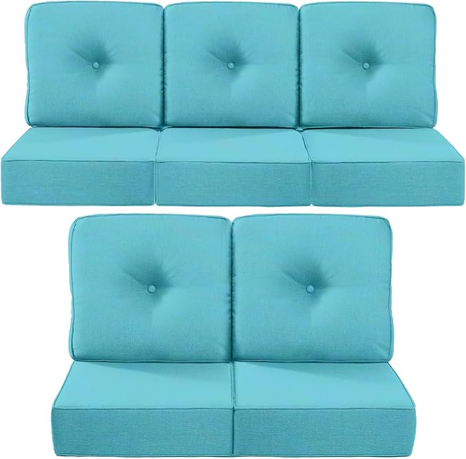 Luxury 22x24/22x25 6-Inch Outdoor Cushions for 5 Peice Patio Furniture Set - Set of 5 Water Repellent Pillow for Wicker Rocking Swivel Chairs Loveseat Couch Sectional Sofa - Turquoise