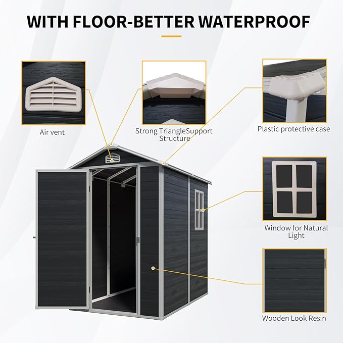 JT 4×6ft Resin Outdoor Storage Shed,Outdoor Storage Shed with Floor & Window to Store Patio Furniture, Garden Tools Bike Accessories, Beach Chairs and Lawn Mower. (Black, 4ft*6ft)