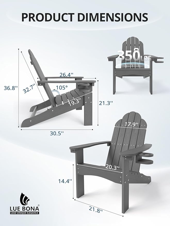 LUE BONA HDPE Adirondack Chairs Set of 2,Plastic Adirondack Chairs with Cup Holder Weather Resistant for Outdoor, Patio, Lawn, Garden, Backyard Deck, Fire Pit, Dark Gray