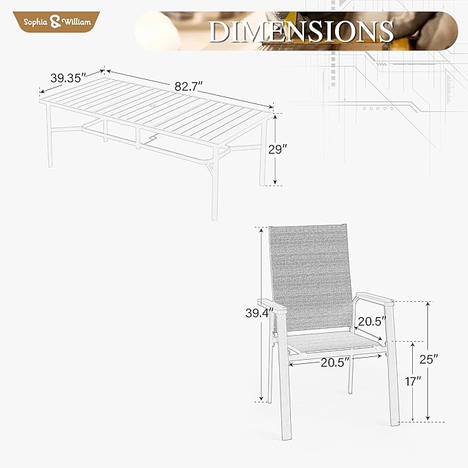 Sophia & William Patio Dining Set 9 Pieces, Patio Table and Chairs Set for 8, 83"x 39" Large Rectangular Metal Dining Table and 8 x Lightweight Aluminum Stackable Chairs (Blue)