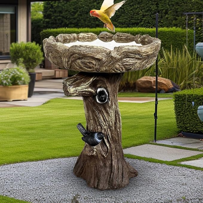 watnature 23” Tall Fibre Reinforced Concrete Birdbaths with Birds for Patio, Woodland Tree Trunk Decorative Outdoor Bird Bath for Garden，Pedestal Birdbaths for Outdoors, Garden, Patio, Lawn, Backyard