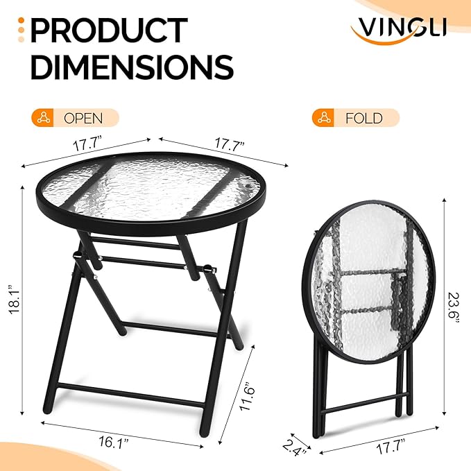 VINGLI Folding Glass Outdoor Side Table, 18 Inches Small Foldable Patio Bistro Table with Tempered Glass Table Top for Lawn & Garden, Balcony, Porch and Pool, Round