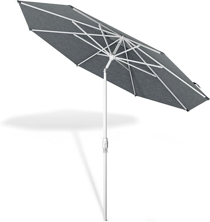 Midtown Umbrellas The Swilt 8 Feet Patio Umbrella in Sunbrella Cast Slate Acrylic Fabric - Fiberglass Ribs, Auto-Tilt Aluminum Frame For Backyard, Deck, Garden, Pool - White Pole