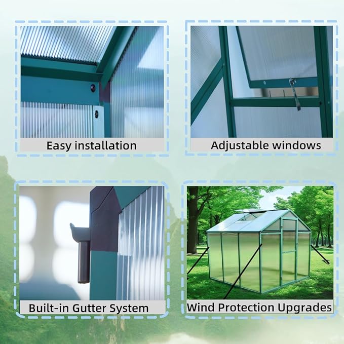 72*72in Greenhouse for Outdoors, Polycarbonate Greenhouse with Stronger Wind Protection and Roof Vent, Walk-in Large Aluminum Sunroom Winter Proof, Green