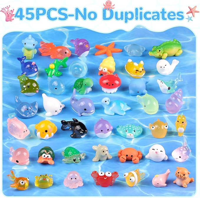 45PCS Mini Resin Animals Tiny Cute Ocean Figurines, Miniature Sea Figures to Hide, Little Animal Toys Small Accessories for Topper Desk Garden Dollhouse Landscape Aquarium Ornaments Crafts & Decor