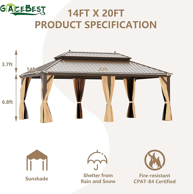 14'x20' Hardtop Gazebo Outdoor Aluminum Patio Gazebo Double Roof Galvanized Steel Canopy with Netting and Curtains for Garden, Backyard,Deck and Lawns
