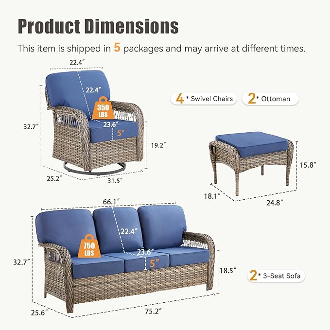8 Pieces Patio Furniture Set Outdoor Sectional Sofa Couch with Rocking Swivel Chairs 5" Deep Seat Chairs, Modern Wicker Rattan Conversation Set, Blue/Gray Wicker