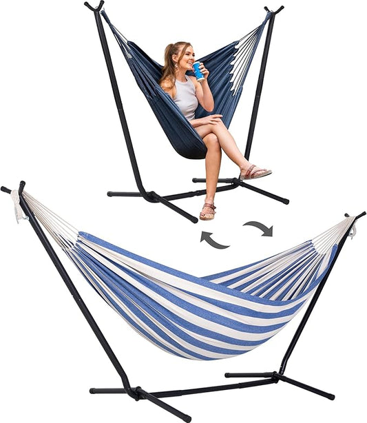 SUNCREAT 2-in-1 Convertible Free Standing Hammock with Stand Included, Camping Backyard Hammock with Stand, Patent Pending, Blue & White Stripe