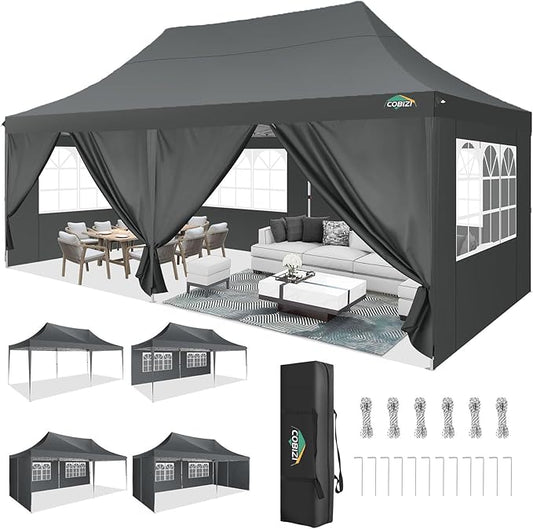 COBIZI 10x20 Pop Up Canopy with 6 Sidewall, Commercial Canopy UPF 50+ Waterproof Outdoor Gazebo with Carry Bag, Tents for Parties with Upgrade Frame, 3 Height Adjustable, Gray