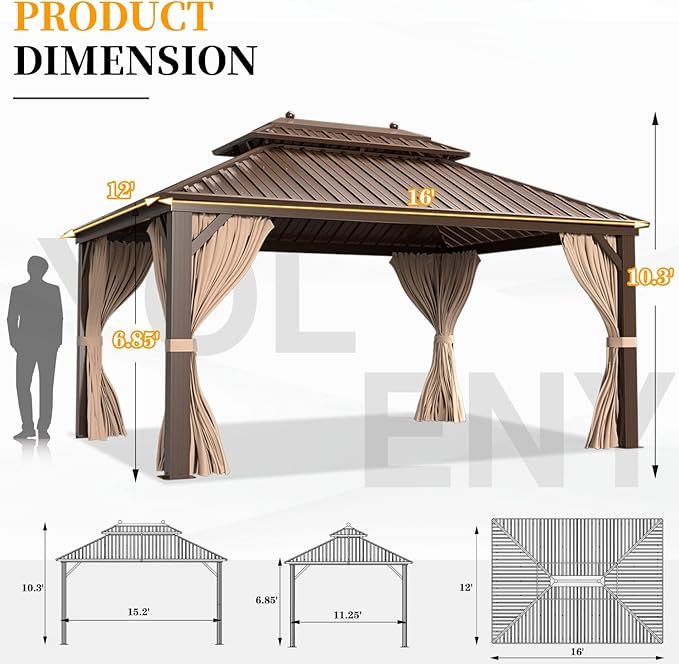 YOLENY 12' x 16' Hardtop Gazebo with Galvanized Steel Double Roof, Pergolas Aluminum Frame, Netting and Curtains Included, Metal Outdoor Gazebos for Garden, Patios, Lawns, Parties