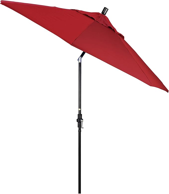 California Umbrella 9' Round Aluminum Pole Fiberglass Rib Patio Umbrella, Crank Lift, Collar Tilt, Black Pole, Red