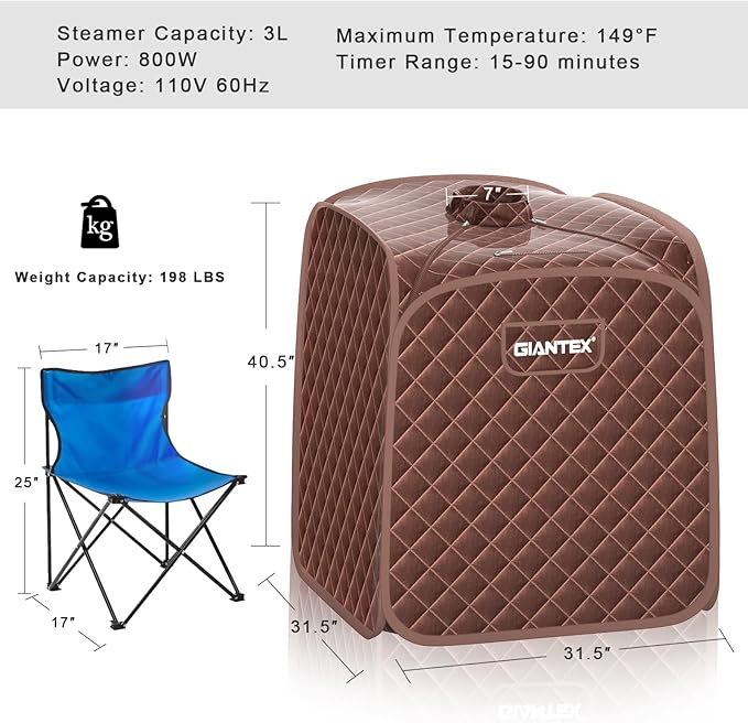 Giantex Portable Sauna, Sauna Box 3L Steam Box Remote Control, 9 Adjustable Temperature & Timer, Foot Roller, Mat & Foldable Chair, Steam Sauna for Single Person, Personal Sauna Tent for Home, Coffee