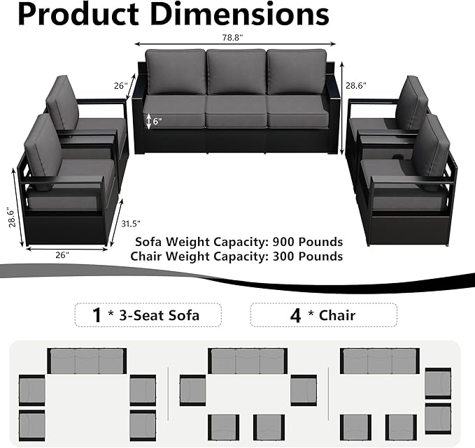 Outdoor Patio Furniture Set, 5-Piece Aluminum Patio Conversation Set All-Weather Metal Outdoor Sectional with 6 Inch Thick Cushions, Deep Setting for Garden, Outside and Porch