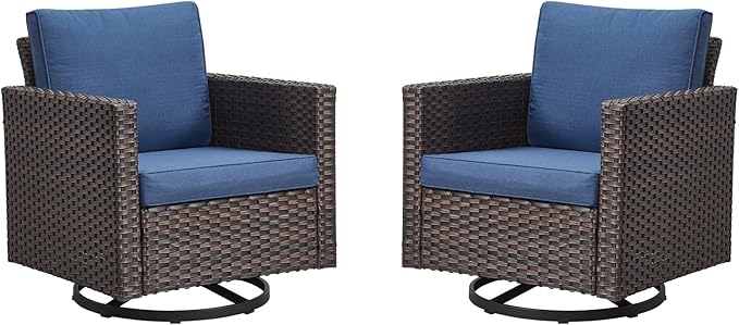 Rilyson Outdoor Patio Swivel Rocker Chairs - Wicker Patio Swivel Rocking Chairs Set of 2 with Waterproof Wicker,Comfortable Cushions and Sturdy Metal Frame for Outside Porch Deck Backyard(Brown/Blue)