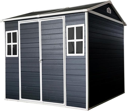 8x6 ft Resin Outdoor Storage Shed with Two-Window and Double-Door, Plastic Shed with Floor for Gargen, Patio, Yard, Lawn, Grey (1 Doors) (Black, 8x6 ft)
