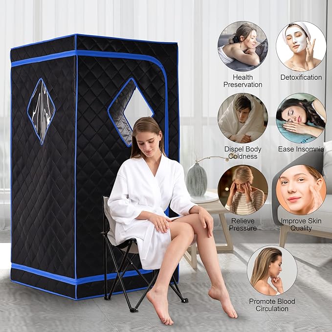 ZONEMEL Personal Portable Steam Sauna, Full Size Sauna Tent, 1500 Watt 4 Liter Steamer with Remote Control, Timer, Portable Sauna Chair for Home Saunas (L 33.8" x W 33.8" x H 65.7", Blue Border)