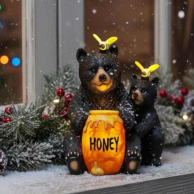 Solar Garden Decor Statues 7" Resin Mother&Cub Bear Figurines with Honey Jar Waterproof Black Bear Decor for Outside Yard Patio Porch Decoration Gift for Mom Grandma