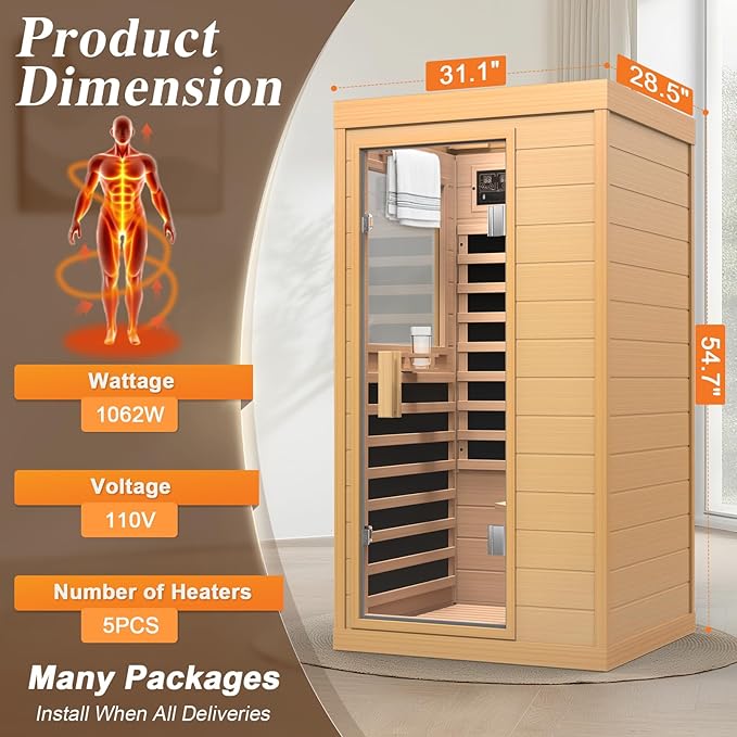 Upgraded 1 Person Sauna Infrared Sauna with Backrest, Hemlock Dry Sauna Indoor Wood Sauna for Home, 1062W 110V Low EMF Far Infrared Sauna with Integrated Speakers, Reading Lamp (Brown)