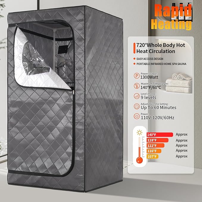 Gollense Portable Infrared Sauna for Home Spa | Full Size 1 Person Sauna | Full Body Personal Far Infrared Sauna Tent | with Heating Foot Pad, Portable Chair, Dark Grey