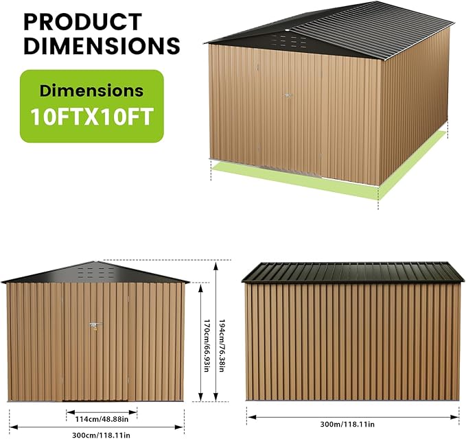 10x10 FT Outdoor Metal Storage Shed, Large Metal Storage Sheds with Sturdy Frame Structure, Garden Tool Shed with Lockable Door for Garden, Lawn, Backyard, Brown