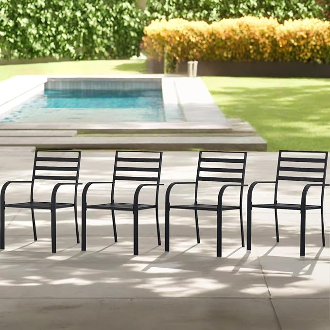 Patio Dining Chairs Set of 8, Metal Outdoor Chair, Black Stackable Dining Chairs, Wrought Iron Patio Chairs with Wide Back & Armrest, Support 300 LBS