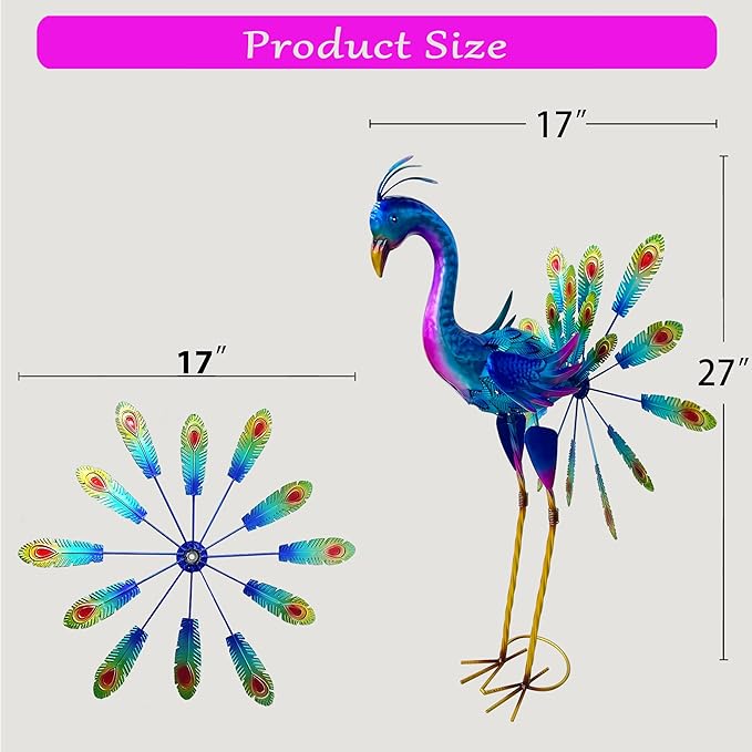 Decorative Metal Peacock Garden Statue, Iridescent Blue Purple Finish, Outdoor Lawn Ornament with Feather Display