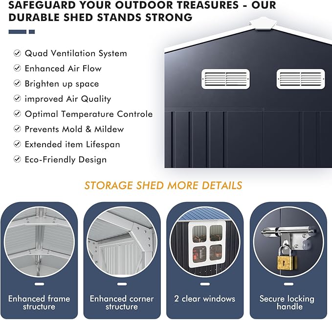 Metal Shed 10x16 FT Large with Customizable Skylight, Reinforced Steel Frame, Heavy-Duty Galvanized Steel Big Garden Sheds with Lockable Doors,4 Pane Windows, Large Utility Tool Sheds