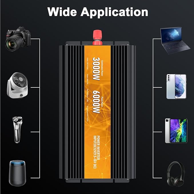 3000W Power Inverter,Peak Power 6000W 12V DC to AC 110V120V,Remote Control with 2AC Outlets and 2.4USB Port,LCD Display for Power Converter,Outdoor Activities,Emergency,Vehicles Truck RV Solar System