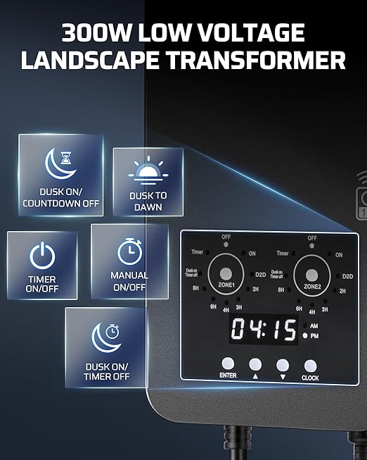DEWENWILS 300W Low Voltage Landscape Transformer with 2 Zones, 120V AC to 12V DC, Low Voltage Transformer with Remote, Photocell Sensor & Timer, Outdoor Landscape Lighting for Spot Light Steplight