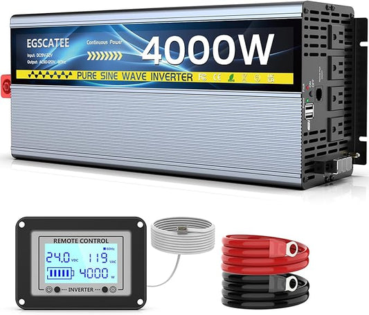 24V 4000W Pure Sine Wave Inverter 24V DC to 110V/120V AC Converter with 4AC Outlets, 5V/3.4A USB, Remote Control with on-Screen Display, Off-Grid Solar Power Inverter for Truck, Home, Vehicles, RV