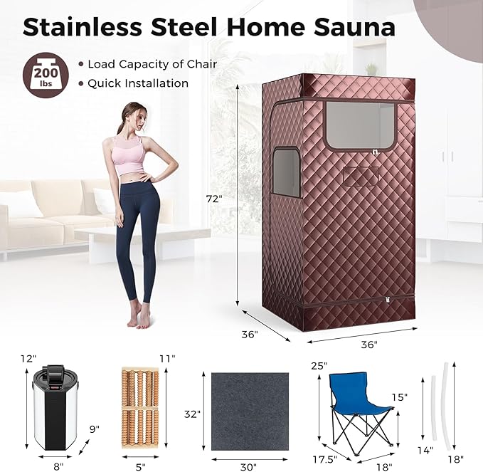 COSTWAY Portable Steam Sauna, Personal Home Sauna Tent w/ 3L Steam Generator, Foldable Chair, Remote Control, 9-Level Adjustable Temperature, Timer, Full-Size Indoor Steam Room for Home Spa (Coffee)