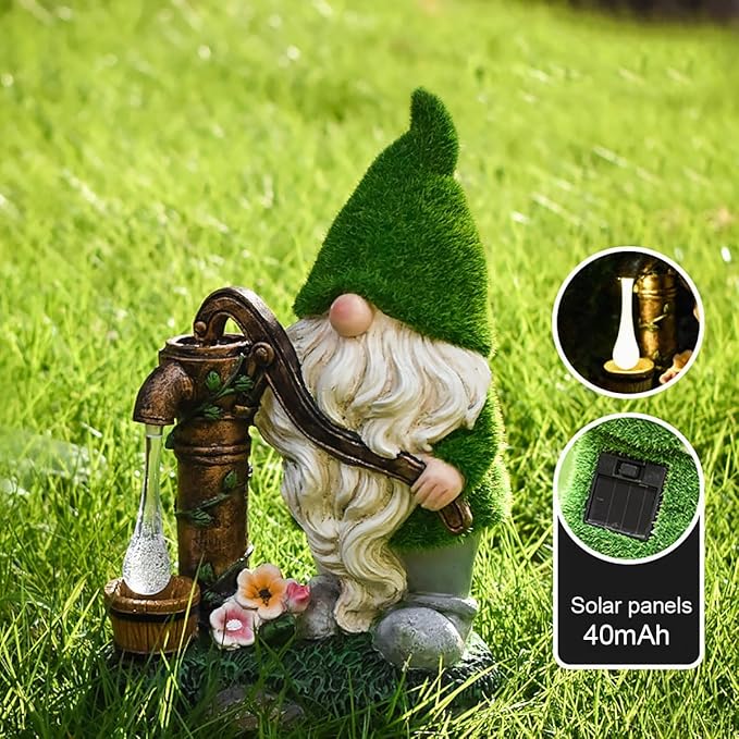 VINIUSIKI Solar Garden Gnome Statues with Water Pump Light, Easter Outdoor Decorations for Porch Patio, Lawn,Gifts for Women and Men, Decorative Resin Statue for Outdoor Patio Yard