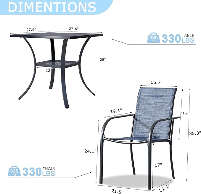3 Pieces Round Dining Table Set for 2, Patio Dining Set Includes 2 Blue Stackable Patio Chairs and 27.6" Black Metal Square Table, Patio Furniture Sets with Sling Support for Outside, Garden