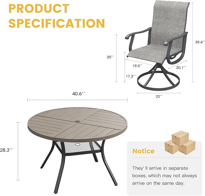 VICLLAX 5 Pieces Patio Dining Set for 4, Outdoor Furniture Set Includes 40.6" Square Outdoor Table and 4 Patio Swivel Chairs for Lawn Garden, Grey Wood Grain Tabletop and Grey Fabric
