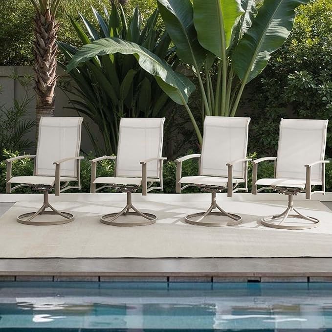Patio Swivel Chairs Set of 4, Outdoor Swivel Chairs with Armrest, High Back Patio Chair with Metal Frame, All-Weather Outdoor Dining Chair for Deck, Porch and Lawn, Ivory Beige