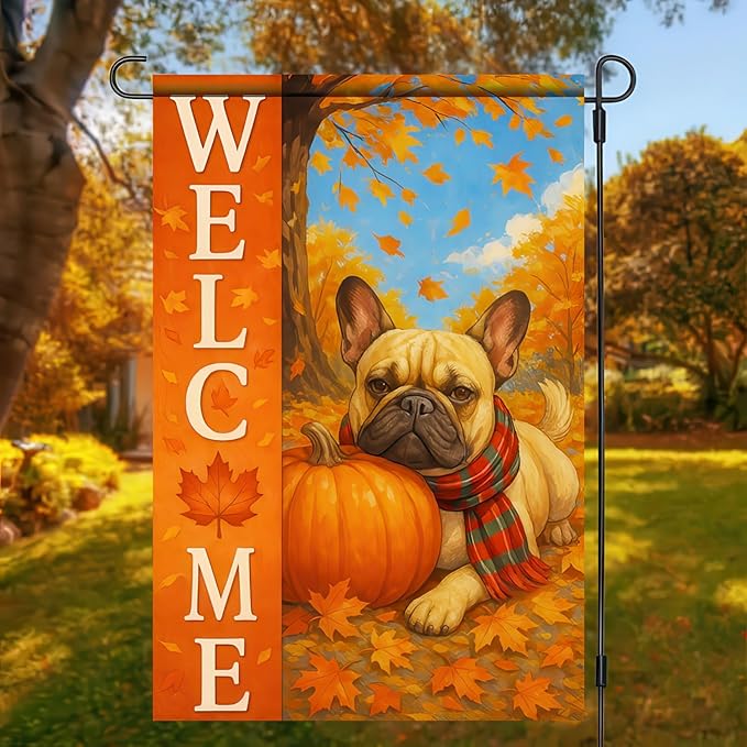 Thanksgiving Fall Garden Flag 12x18 Inch Welcome French Bulldog Dog Outdoor Flag Double Sided Autumn Yard Banner with Pumpkin Plaid Scarf Decor for Porch Lawn Patio