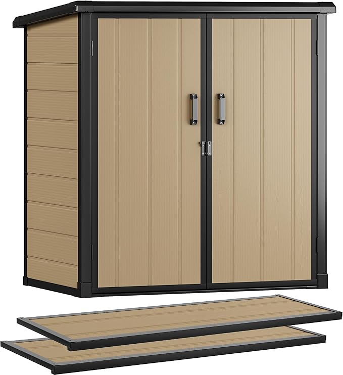 DWVO 51 cuft Outdoor Storage Shed with 2 Shelves, Weatherproof Vertical Tool Shed with Floor & Lockable Doors, Sturdy Double-Wall Plastic Cabinet for Garbage Cans and Garden Equipment (Brown)