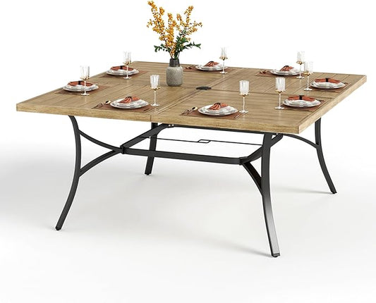 PHI VILLA Large Outdoor Patio Table for 8 Person, 60" Square Metal Steel Slat Table with 1.57"-1.9" Adjustable Umbrella Hole, Weather-Resistant Outdoor Dining Table for Deck Backyards, Brown