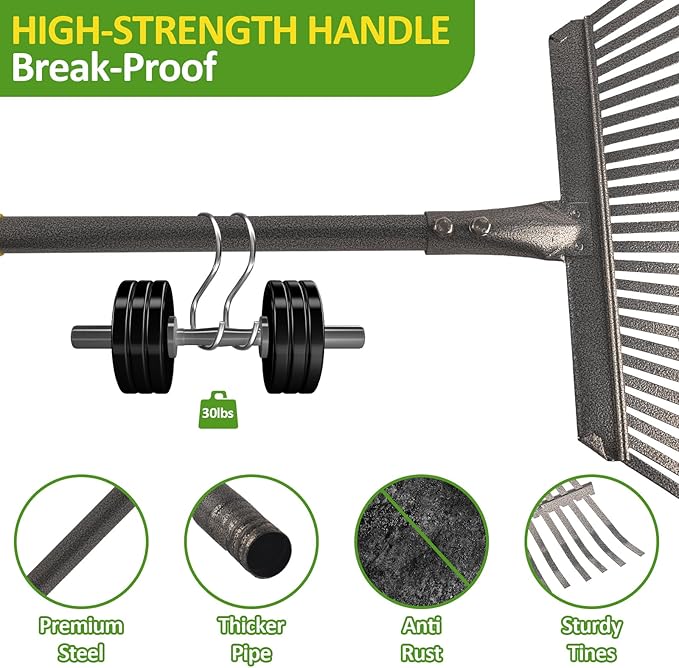 Garden Leaf Rake Set with 25 Tines, Heavy Duty Metal Rake for Leave (Adjustable 73" Long, 18" Wide) with 32 Gallon Reusable Leaf Bag, Ideal for Yard Lawn Shrub Gardening