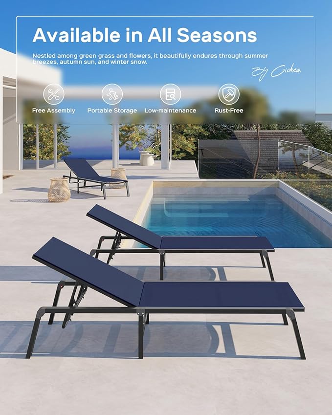Patio Chaise Lounge Chair, Foldable Lounge Chair for Outside, Aluminum Chairs Set of 2 with 5 Adjustable Backrest, Outdoor Pool Lounger for Poolside, Lawn, Deck, Navy Blue