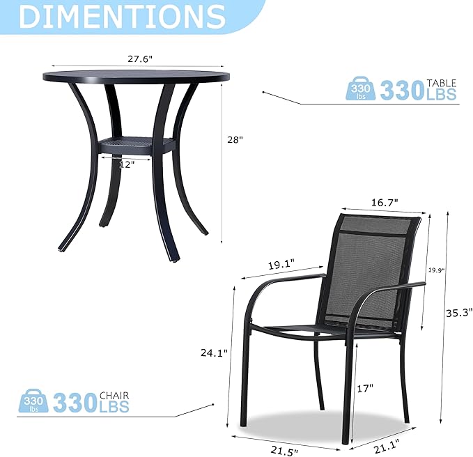 3 Pieces Round Dining Table Set for 2, Patio Dining Set Includes 2 Black Stackable Patio Chairs and 27.6" Black Metal Round Table, Patio Furniture Sets with Sling Support for Outside, Garden