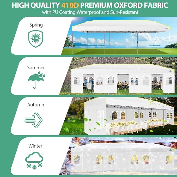 COBIZI 10x30 Pop Up Canopy with Sidewalls 10x30 Party Tent Outdoor Wedding Event Canopies for Parties UPF 50+ Windproof Waterproof Gazebo with Air Vent, Wheeled Bag, Sandbag, Stake, Rope, White