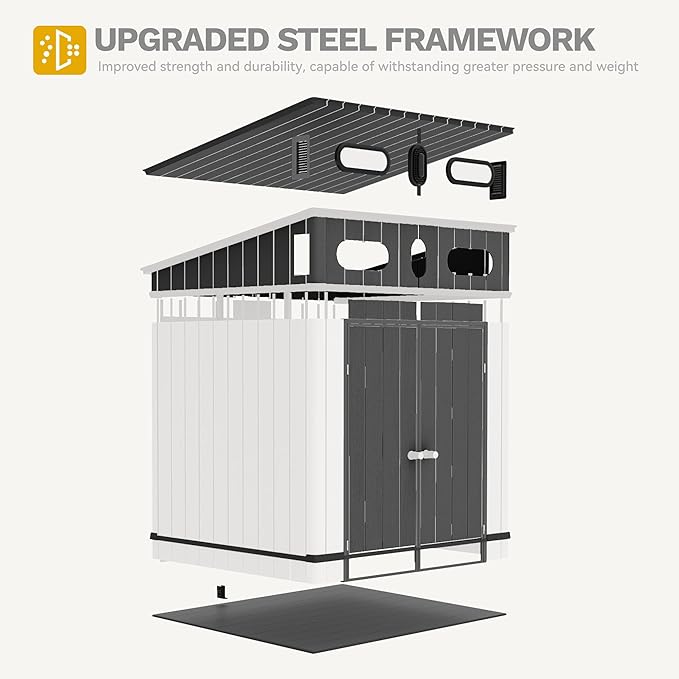 DWVO 6x6 FT Outdoor Storage Shed, All-Weather Resin Garden Tool Shed with Floor & Lockable Door, Plastic Outside Tool Garden Shed with Windows & Vents for Backyard Garden Patio Lawn, Black&Gray