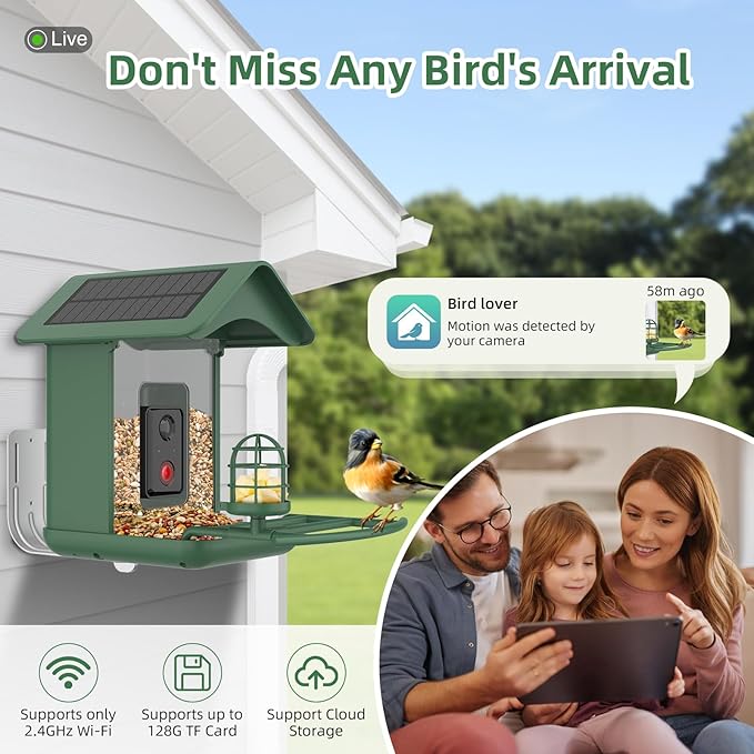 Smart Bird Feeder with Camera Solar Powered,AI Species Identify,1080 HD Video,Instant Arrival Alerts,2L Large Capacity,IP65 Waterproof,Squirrel Proof Wild Hummingbird Feeders for Outdoors, BirdLovers