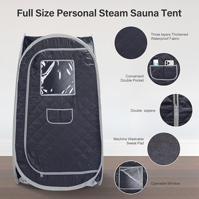 Smartmak Portable Steam Sauna Tent, Full Body Personal Home Spa, Lightweight Foldable Steam Room for Detox Therapy, Steamer NOT Included (L 31.5” * W 31.5” * H 55.2” BlackGrey)