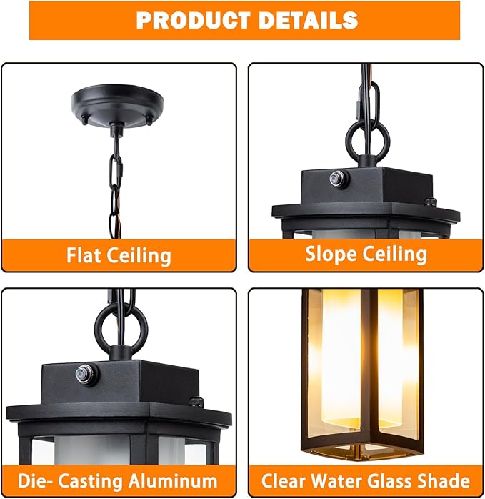 JYZ Dusk to Dawn Outdoor Hanging Light, Exterior Pendant Lantern Dusk Till Dawn, Modern Contemporary Indoor Outdoor Chandelier Lamp Ceiling Mount for Front Porch Entry Gazebo Patio Garden Pergola