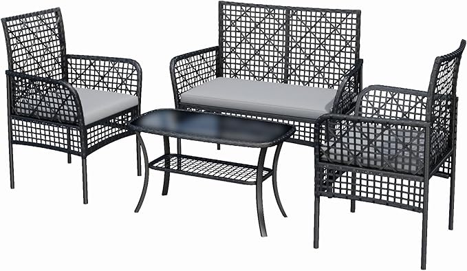 4-Piece Patio Furniture Set, Weather-Resistant Rattan Patio Conversation Set with Two-Tier Coffee Table, Upholstered Openwork Wicker Furniture for Porch, Garden, Lawn, Gray